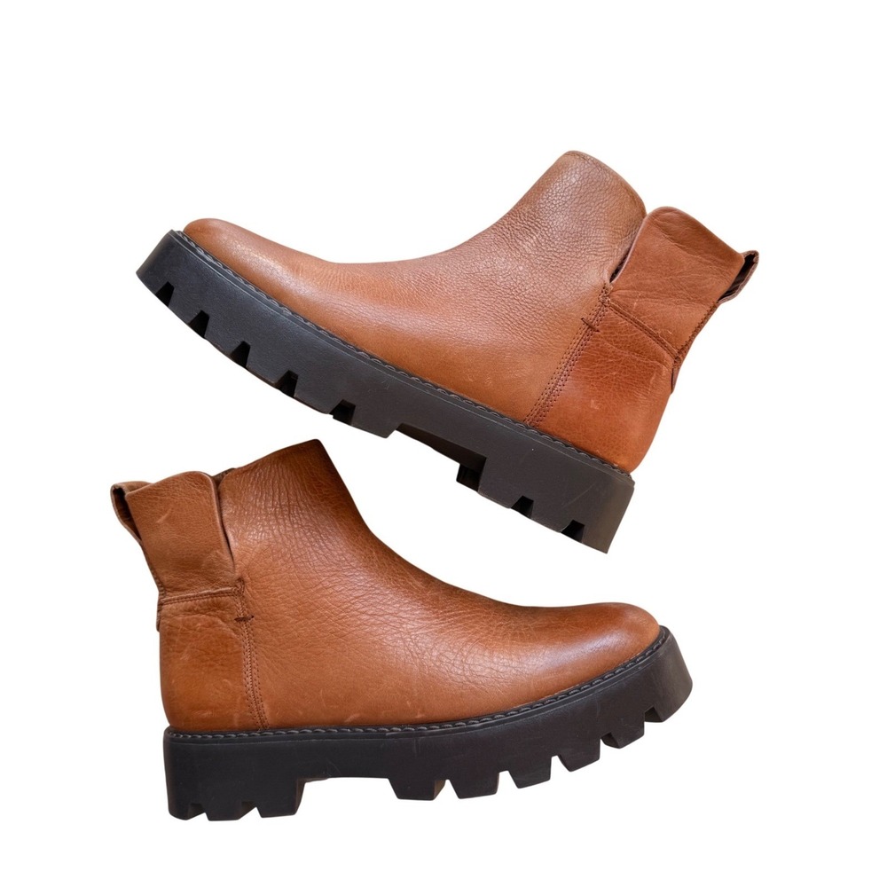 Franco Sarto Billie Brown Leather Lug Sole Ankle Boots Women's Chunky Chelsea - Picture 2 of 15